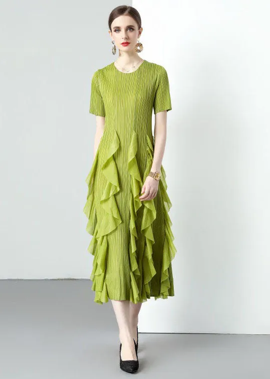 Loose Green O-Neck Ruffled Patchwork Chiffon Long Dresses Summer LY7390