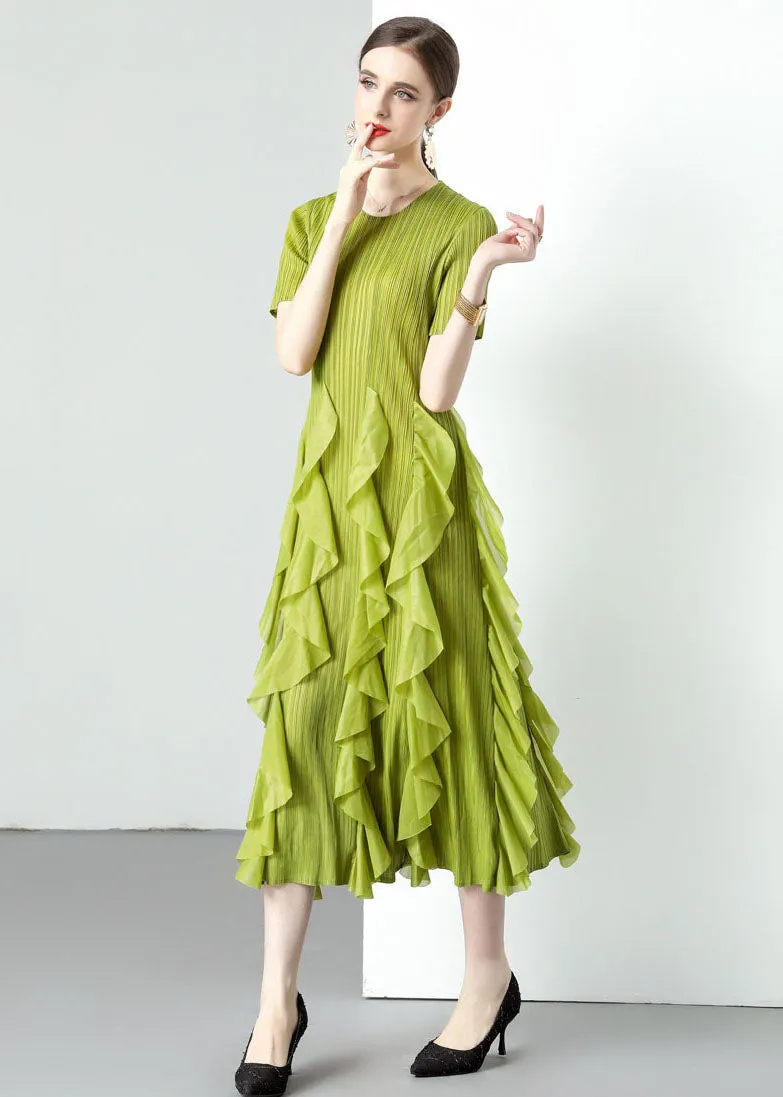 Loose Green O-Neck Ruffled Patchwork Chiffon Long Dresses Summer LY7390
