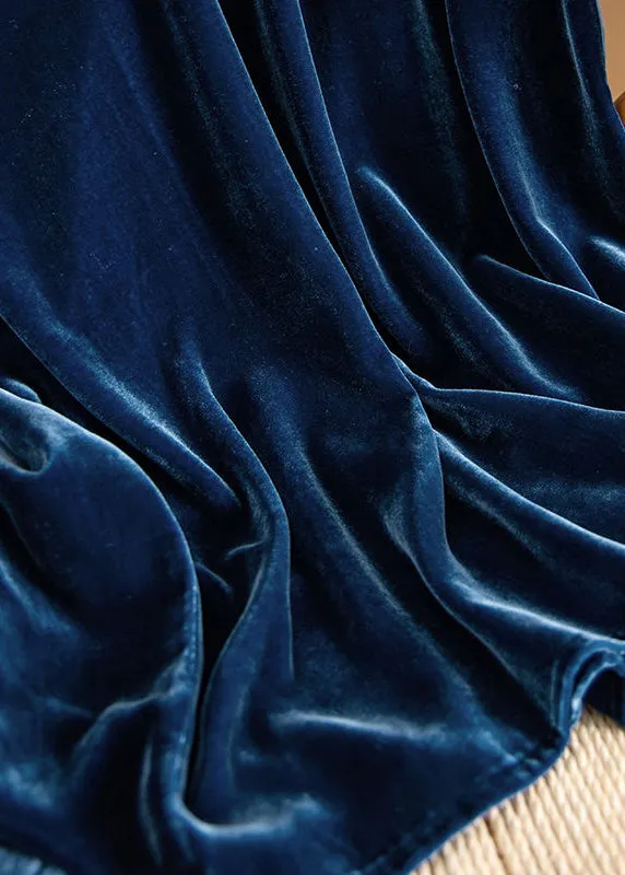 Loose Navy O Neck Asymmetrical Patchwork Silk Velour Dresses Fall LY9805