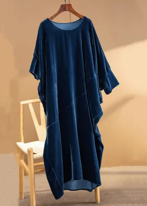 Loose Navy O Neck Asymmetrical Patchwork Silk Velour Dresses Fall LY9805