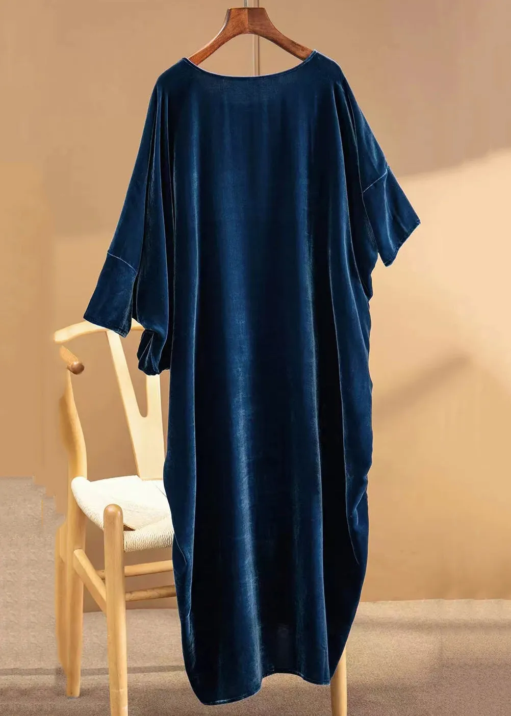 Loose Navy O Neck Asymmetrical Patchwork Silk Velour Dresses Fall LY9805