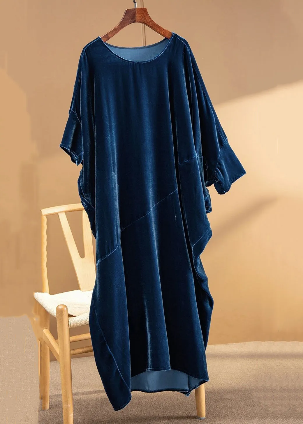 Loose Navy O Neck Asymmetrical Patchwork Silk Velour Dresses Fall LY9805