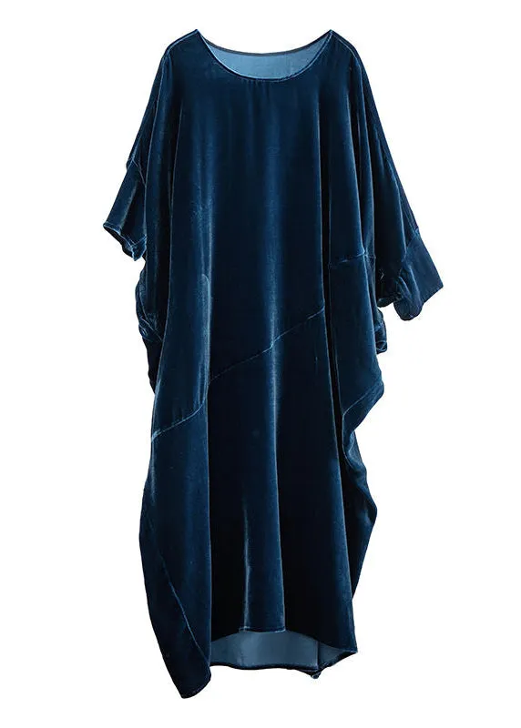 Loose Navy O Neck Asymmetrical Patchwork Silk Velour Dresses Fall LY9805
