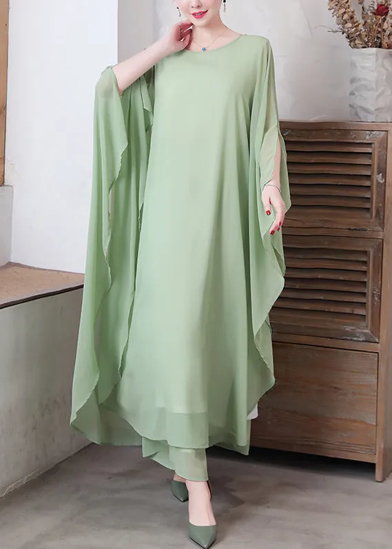 Loose Pea Green O-Neck Chiffon Maxi Dresses Spring LY1730