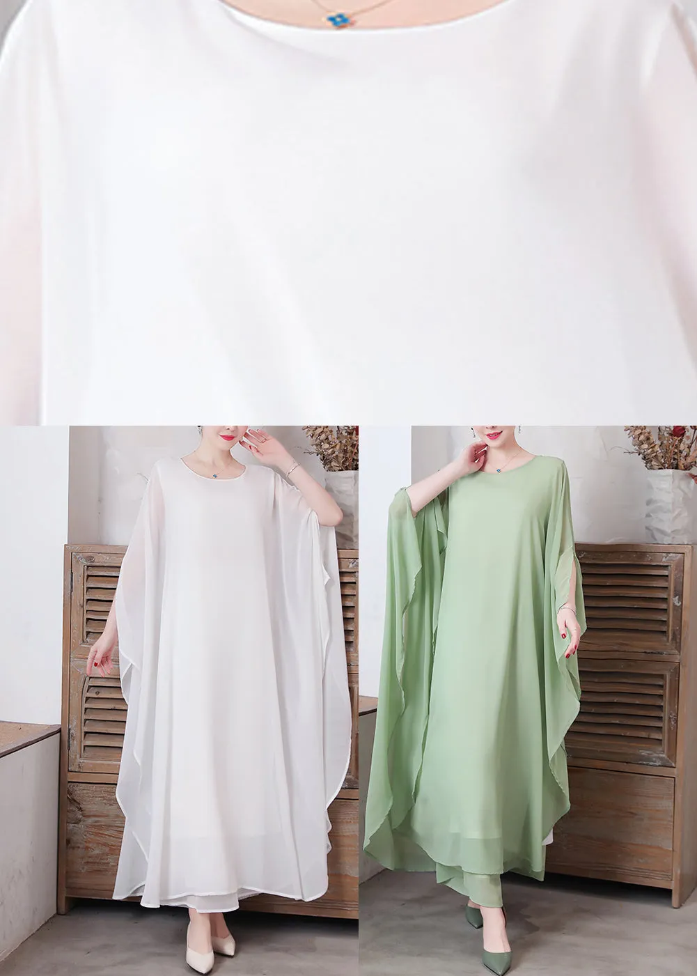 Loose Pea Green O-Neck Chiffon Maxi Dresses Spring LY1730