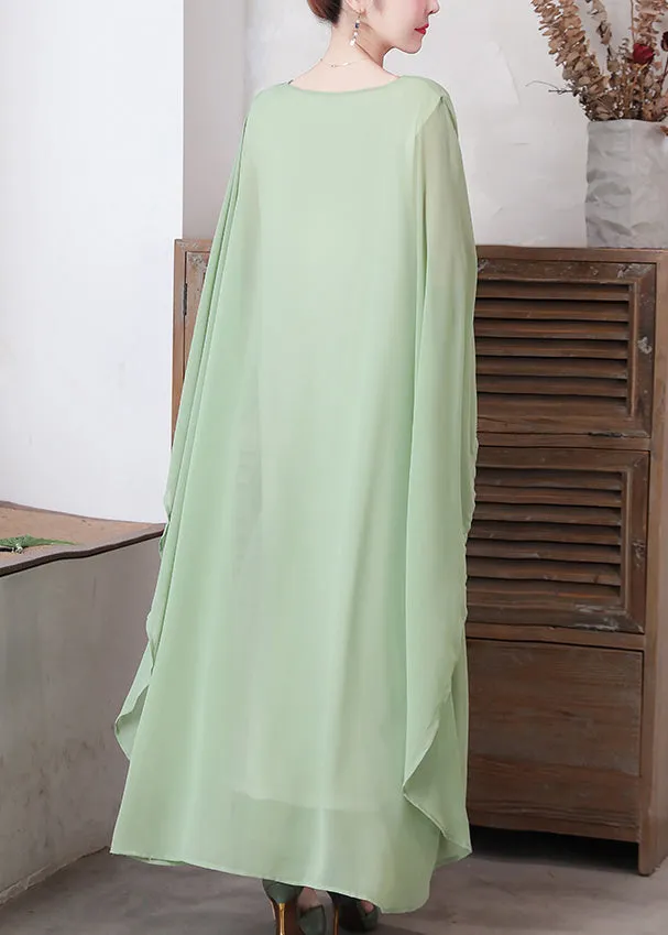 Loose Pea Green O-Neck Chiffon Maxi Dresses Spring LY1730