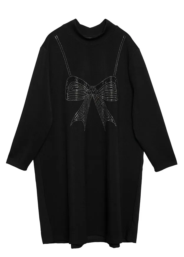 Modern Black High Neck Ruffled Patchwork Bow Cotton Robe Dresses Spring LY0276
