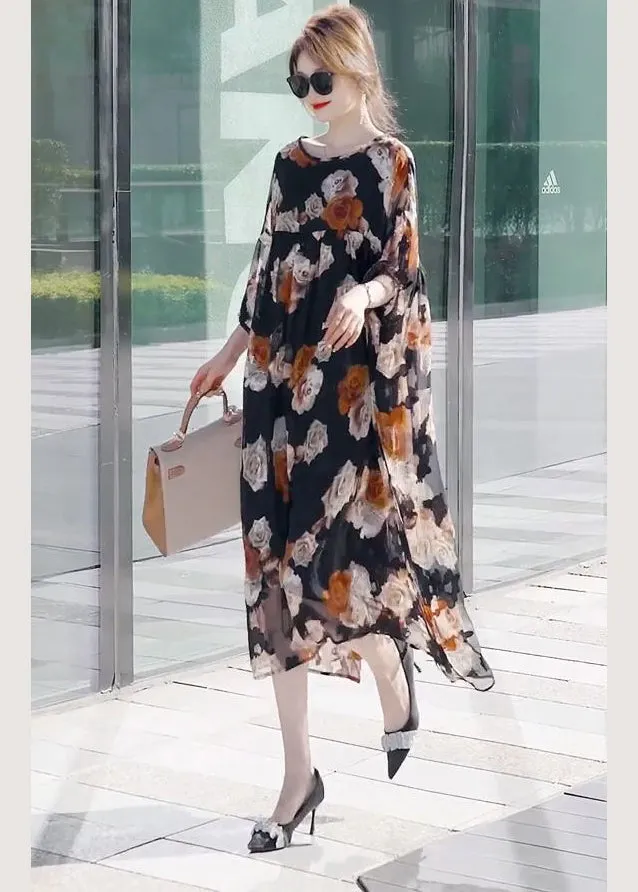 Modern Black Oversized Patchwork Print Chiffon Dresses Summer LY2793