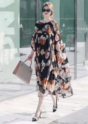 Modern Black Oversized Patchwork Print Chiffon Dresses Summer LY2793