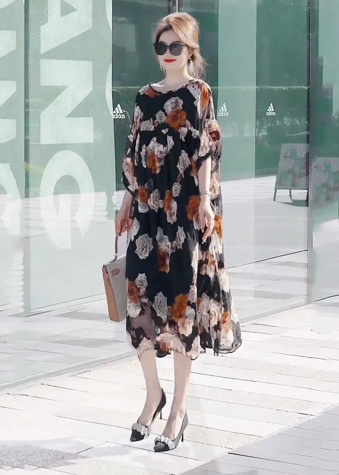 Modern Black Oversized Patchwork Print Chiffon Dresses Summer LY2793