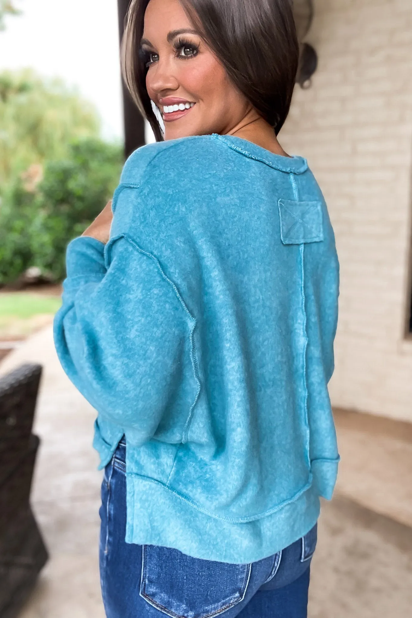 No Drama Dusty Teal Balloon Sleeve Pullover