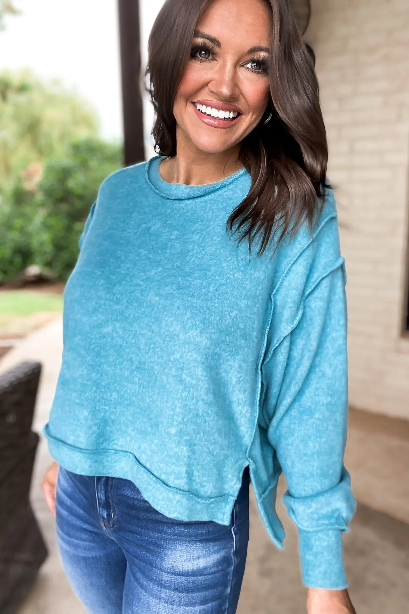 No Drama Dusty Teal Balloon Sleeve Pullover