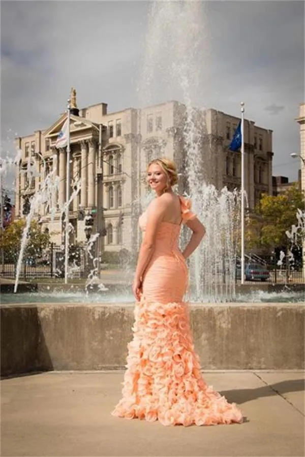 Pink One Shoulder Lace Up Front Split Long Beading Prom Dresses PFP1089
