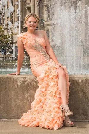 Pink One Shoulder Lace Up Front Split Long Beading Prom Dresses PFP1089