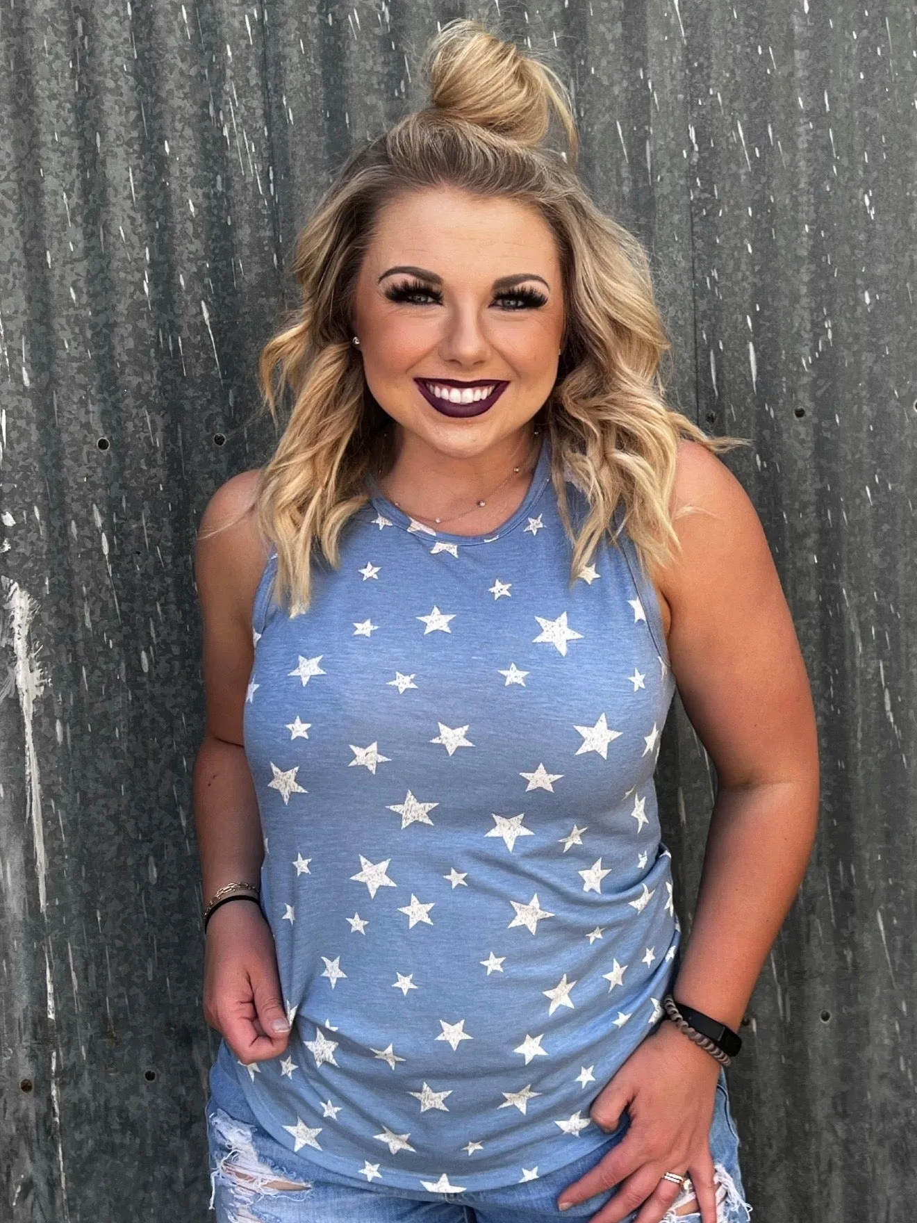Powder Blue Sleeveless Top with Star Print