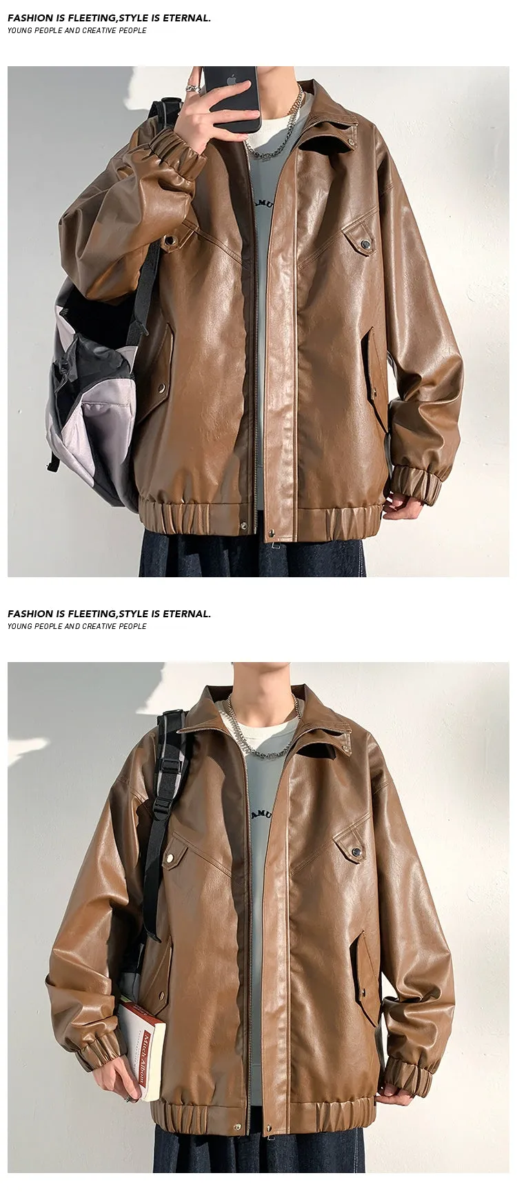 PU Leather Jacket Men's Autumn Trendy Handsome Fried Street Tops American High Street Vintage Motorcycle Clothing Men Outwear