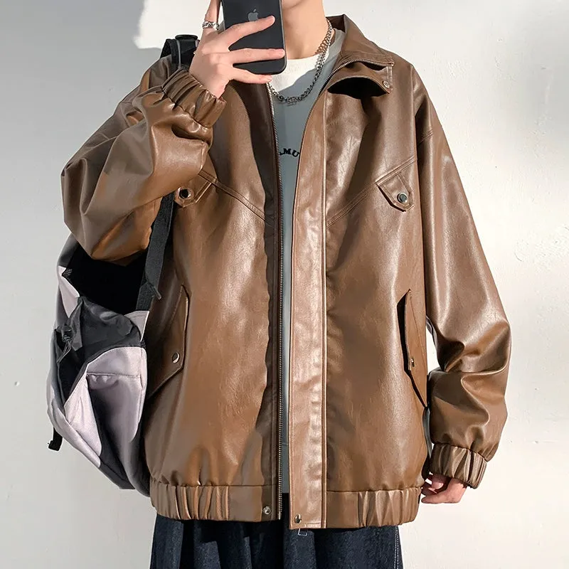 PU Leather Jacket Men's Autumn Trendy Handsome Fried Street Tops American High Street Vintage Motorcycle Clothing Men Outwear