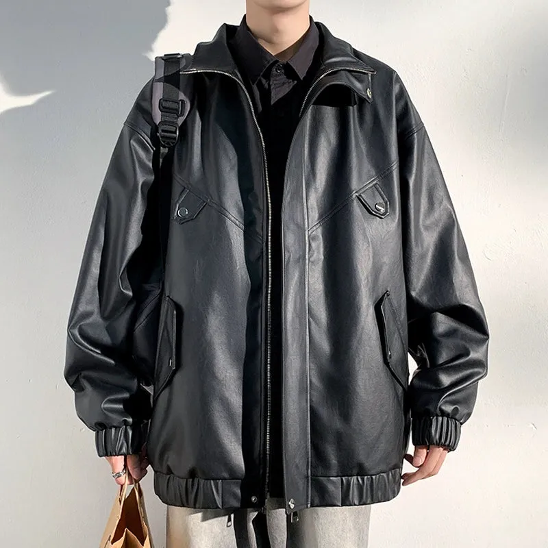 PU Leather Jacket Men's Autumn Trendy Handsome Fried Street Tops American High Street Vintage Motorcycle Clothing Men Outwear