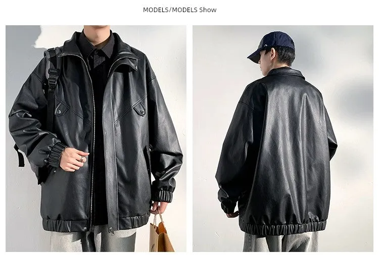 PU Leather Jacket Men's Autumn Trendy Handsome Fried Street Tops American High Street Vintage Motorcycle Clothing Men Outwear