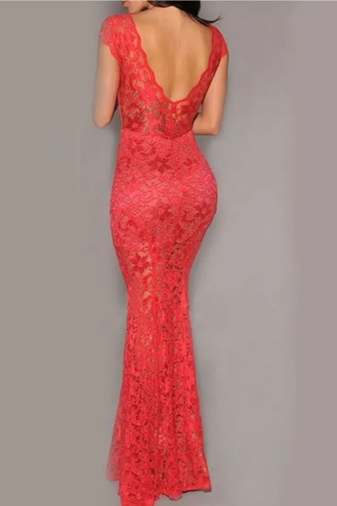 Real Sexy Long Lace Mermaid Sheath V-neck Open Back Prom Dresses PFP1199