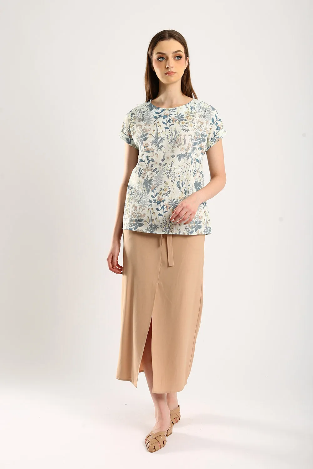 Riley Linen Midi Skirt with Sash Tie in Apricot