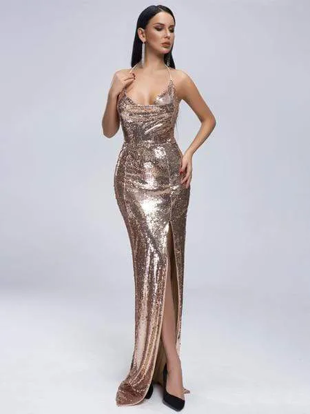Rose Gold Sequin Backless Prom Dress