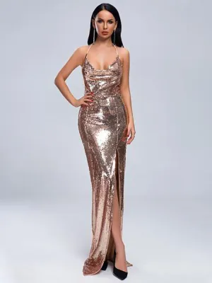 Rose Gold Sequin Backless Prom Dress