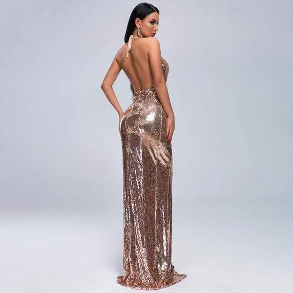 Rose Gold Sequin Backless Prom Dress