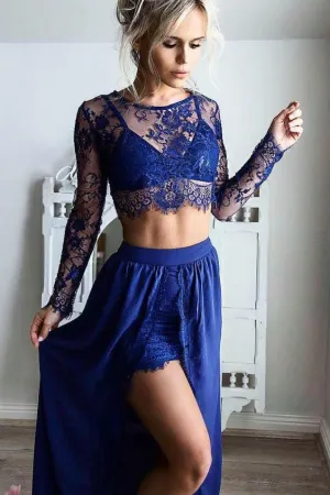 Royal Blue 2019 Two Piece Lace Chiffon Long Sleeves Lace Prom Dress with Slit PFP0963