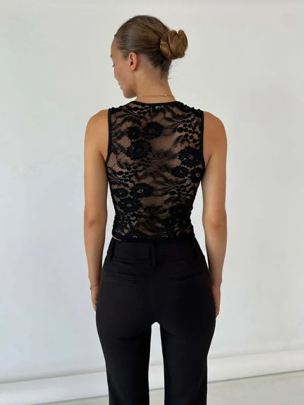 See-Through Floral Lace Sleeveless Tank Top