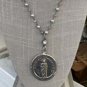 Silvery Pearl and Smokey Grey Crystal Long Necklace with Large Silver Disc Charm - NW 109