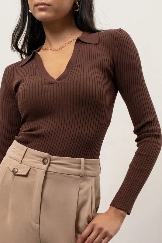 Sophia Brown Ridded Collared Top