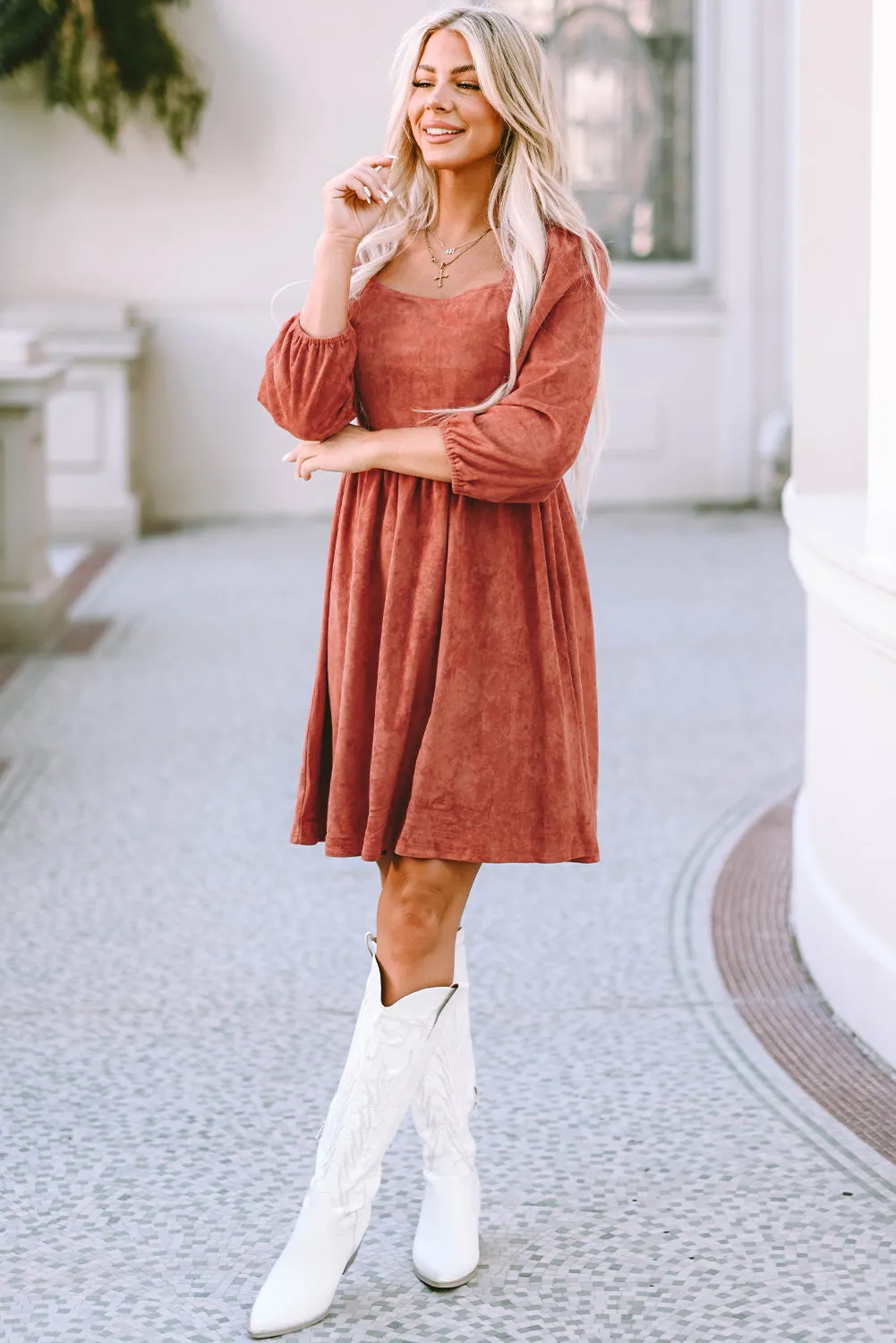 Suede Puff Sleeve Dress