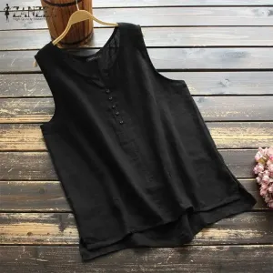 Vintage Cotton Blouse ZANZEA Summer Tanks Tops Women Sleeveless Solid Shirt Casual Loose Split Hem Blusas Tunic Mujer 3XL S3168904