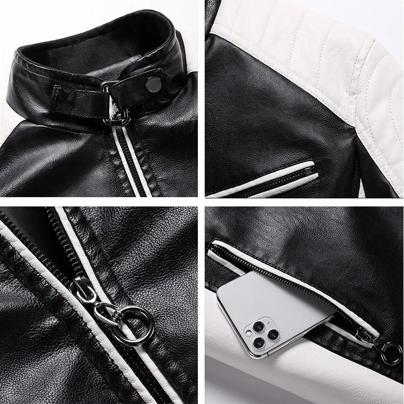 Vintage Leather Jacket Coat Men Spring Outfit Design Motor Biker Pocket PU Leather Jacket