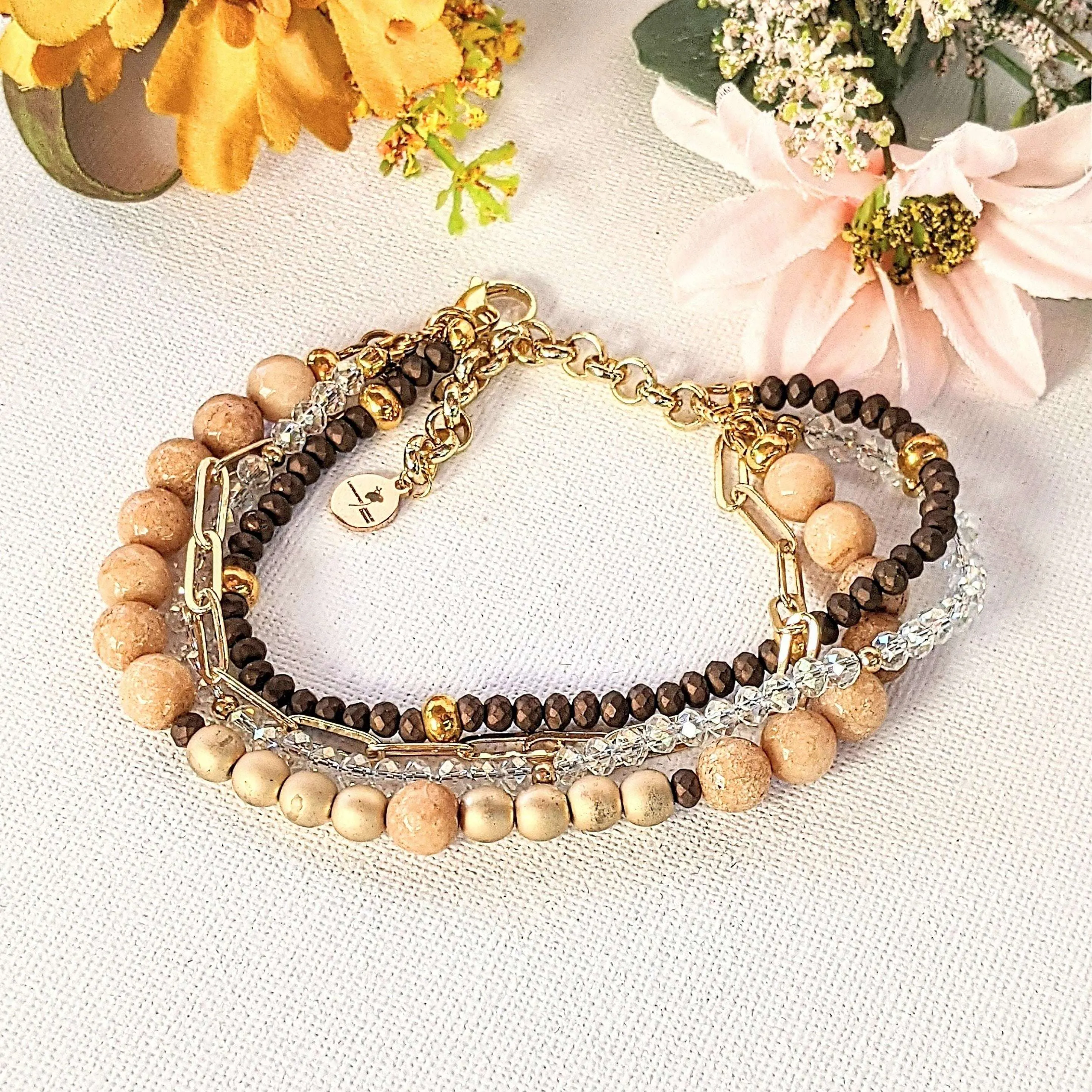 Warm Honey Beaded layered cuff bracelet
