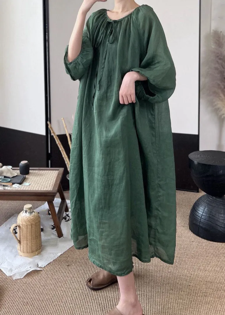 Women Green Lace Up Solid Linen Long Dresses Fall MN053