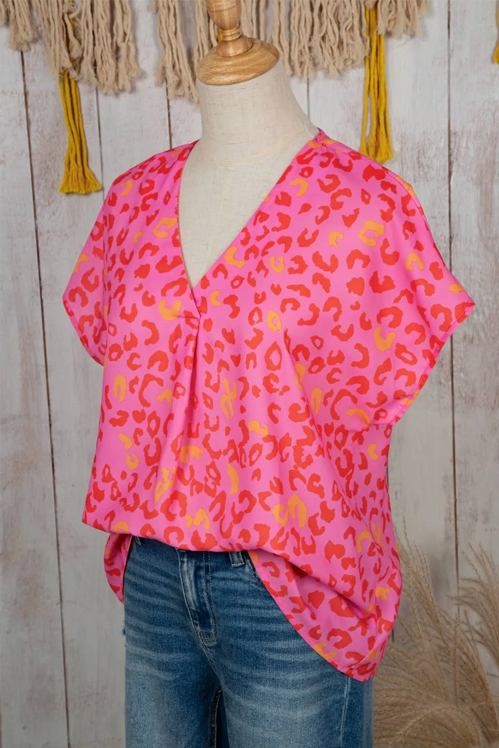 Women Leopard Print V Neck Short Sleeve Blouse | S-XL