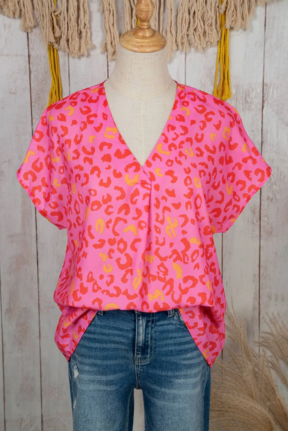 Women Leopard Print V Neck Short Sleeve Blouse | S-XL