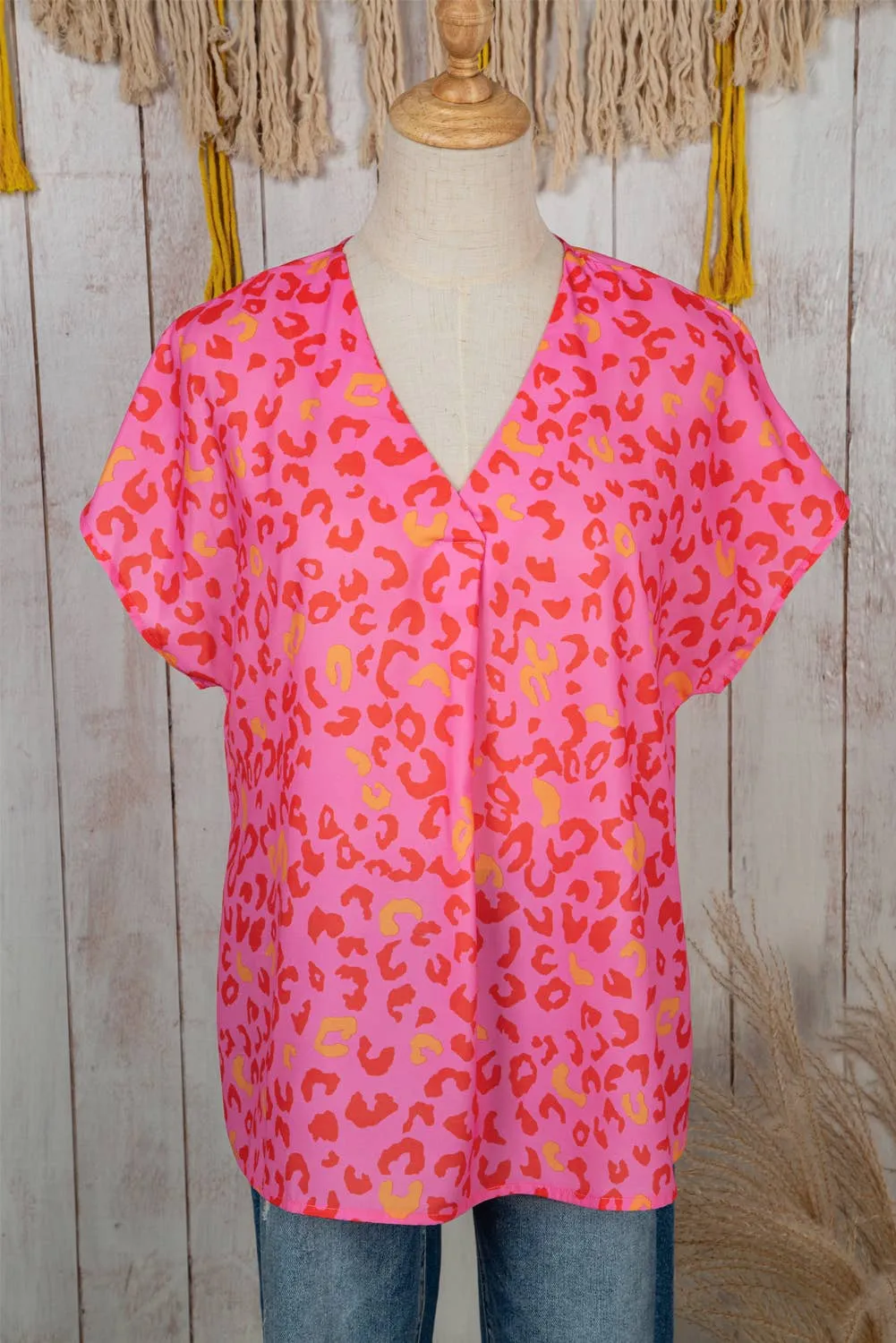 Women Leopard Print V Neck Short Sleeve Blouse | S-XL