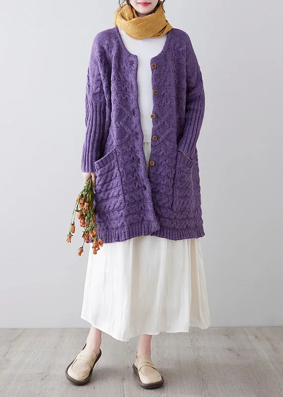 Women Purple O-Neck Button Knit Loose Knit Cardigans Spring