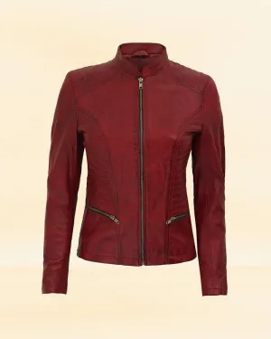 Women Waxed Leather Biker Jacket